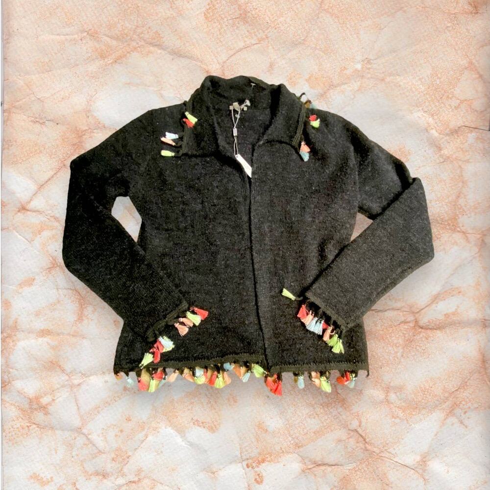 Sioni NWT Black Teddy Multicolor Tassels Open Front Cardigan Size Small